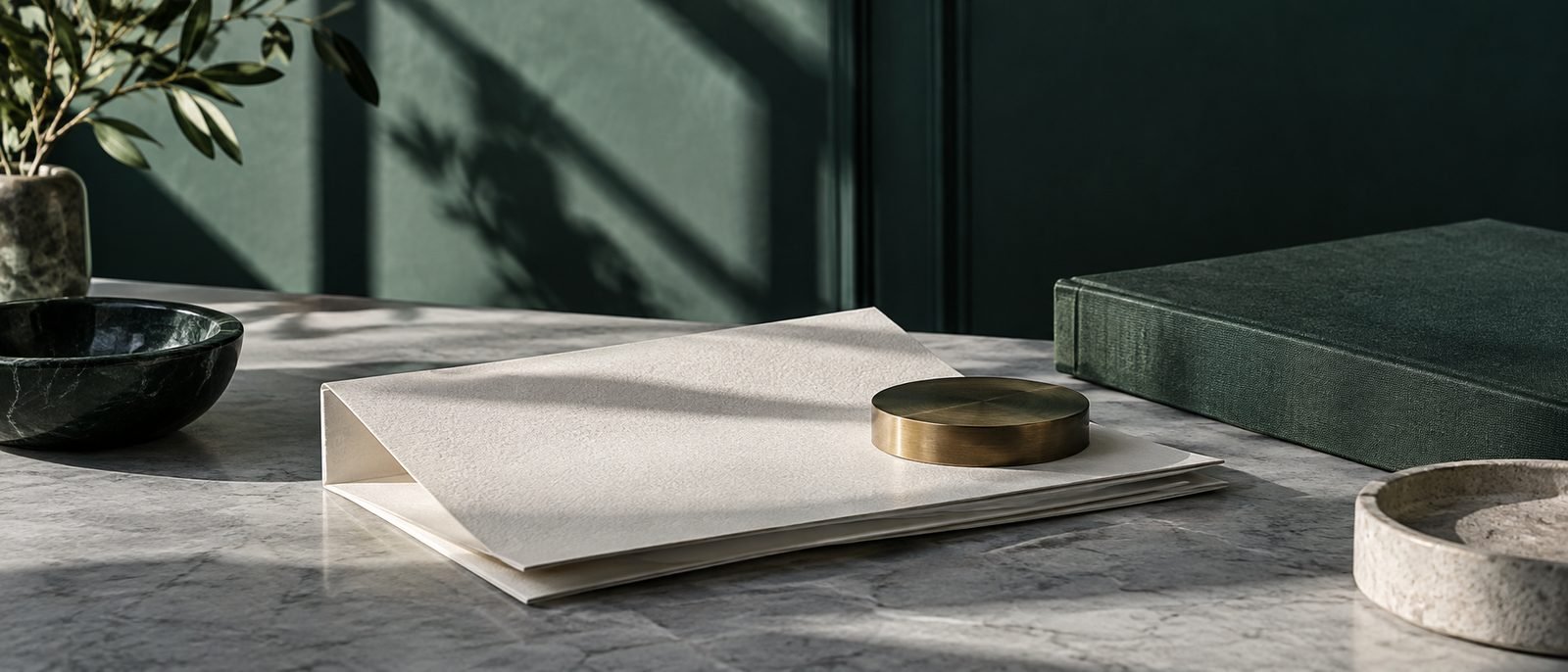 Blank archival papers and a dark green book cloth cover